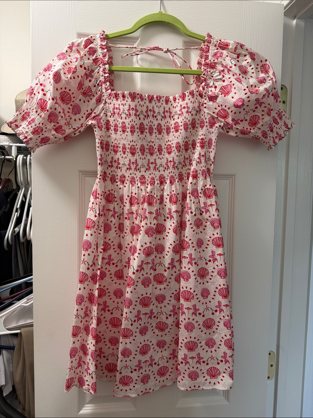 Hill House Pink Shell-Print Smocked Puff-Sleeve Dress